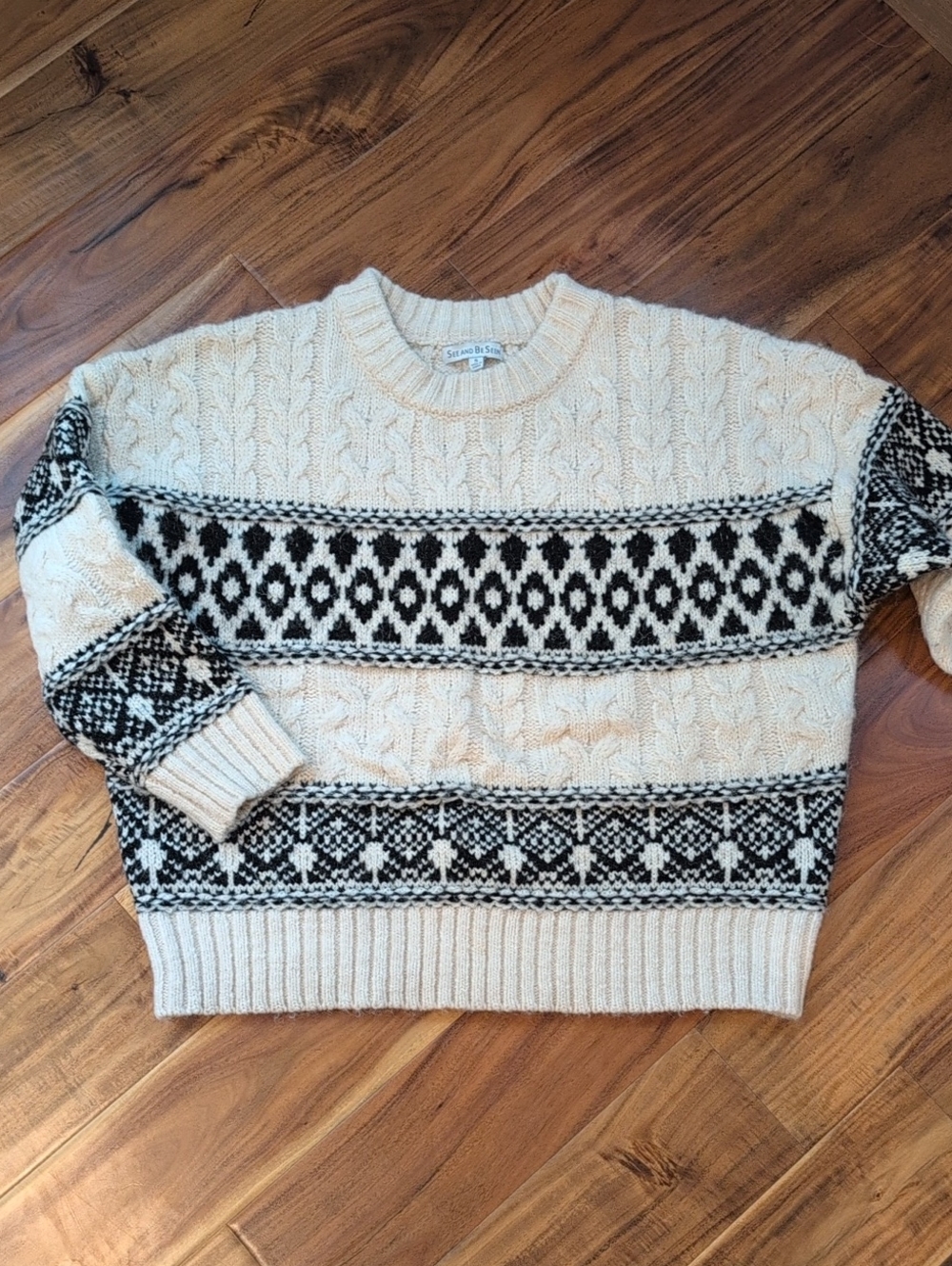 Cream and Black Patterned Cable-Knit Sweater - Women's